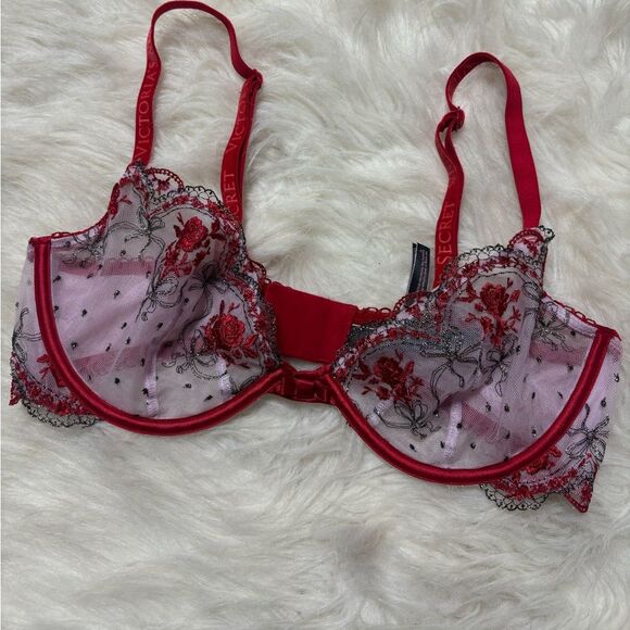 Victoria’s Secret Very Sexy Low Cut Demi Bra with Pink Lace & Embroidered - Picture 1 of 4